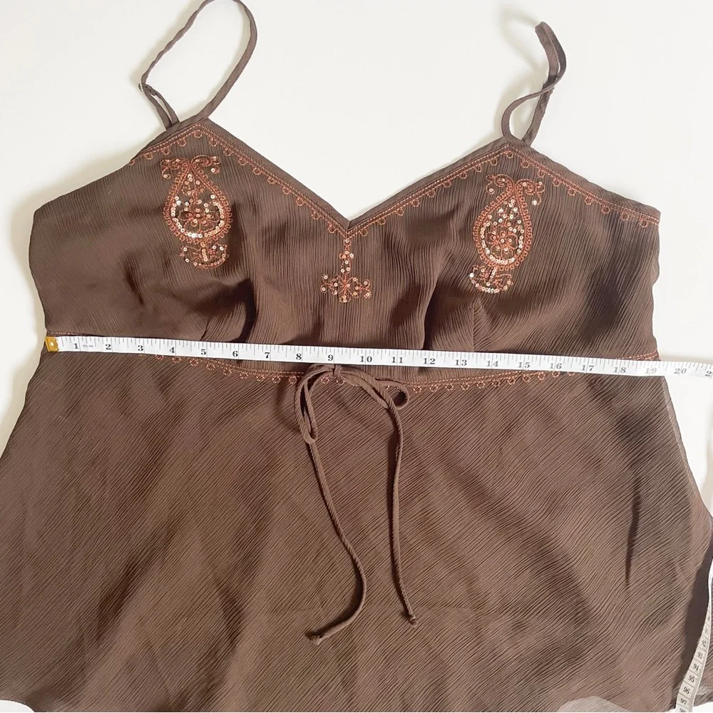 Vintage Y2K Brown Embroidered Beaded Spaghetti Strap Tank Top Cami - Picture 6 of 7